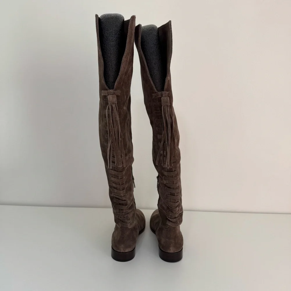 Frye‎ Tina Tassel Lace Back Suede Over The Knee Boots Size 5.5